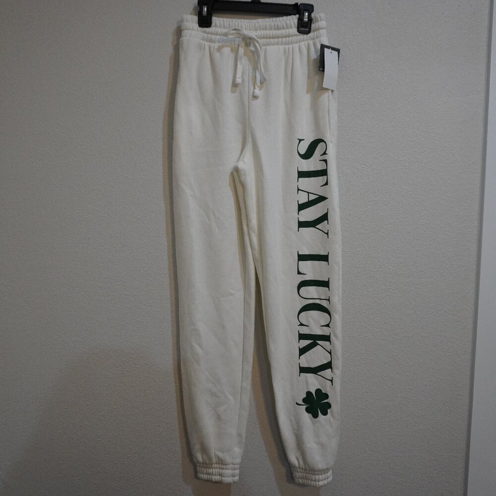 "Stay Lucky" Women's Lightweight, White Jogger Pants - Size XS